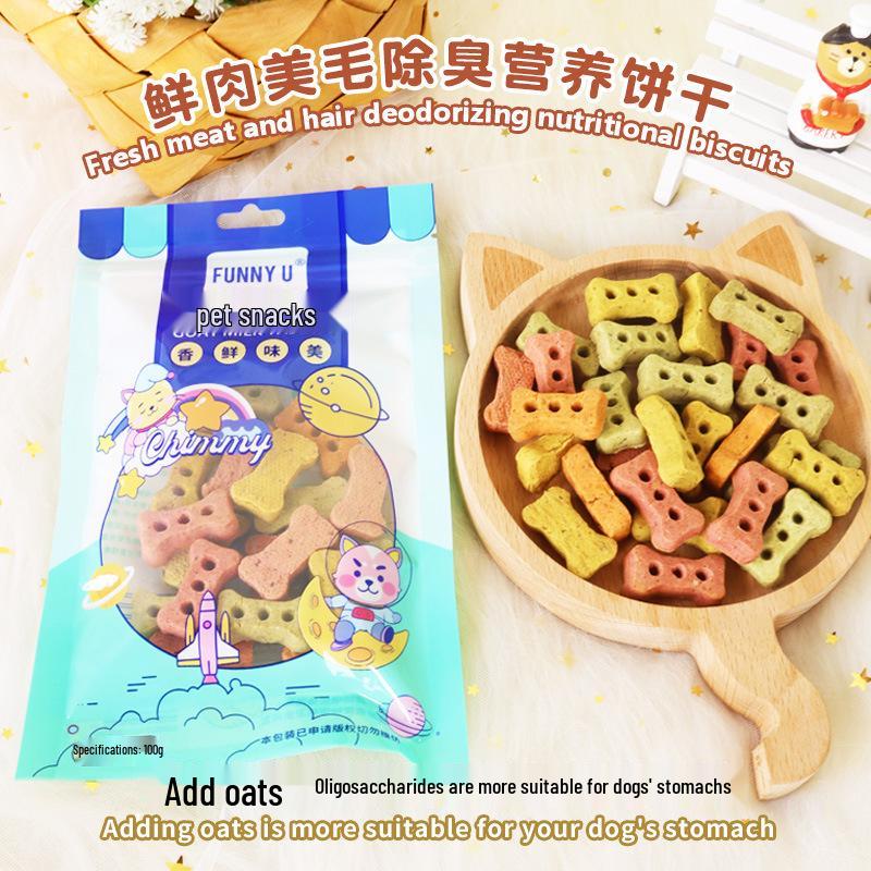 Dog Teething Cleaning Biscuits - Multi-Flavor (Chicken, Beef, Calcium, Milk), Deodorizing Mini Buns, 100g