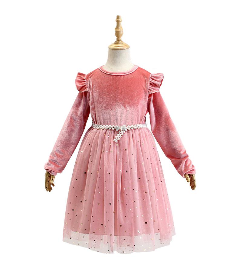 Girls long-sleeved foreign party dress princess dress performance dress children's clothing star mesh dress