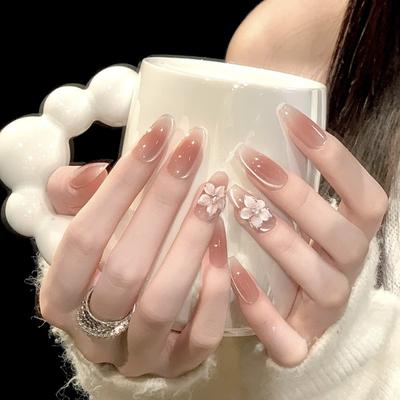 New Handmade Wear Armor Ins Style Pure All-match Ice Flower Nail Art Cool White Blush Gradient Cat's Eye Temperament Nail Pieces for Nail Tool Set