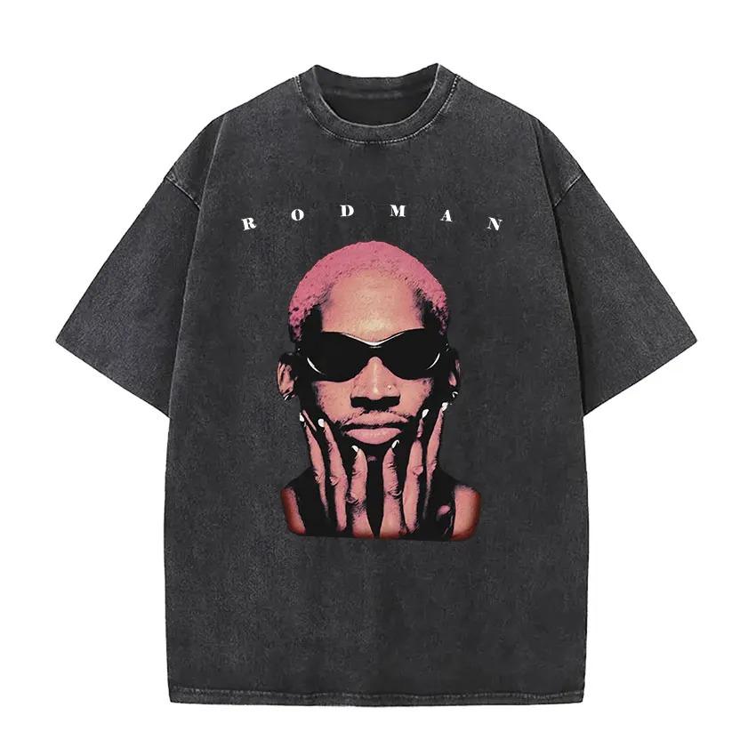2026 Dennis Rodman Camiseta Lavada Vintage para Hombre y Mujer Genial Hip Hop Gótico Camisetas Oversize Cuello Redondo Moda de Alta Calidad Streetwear