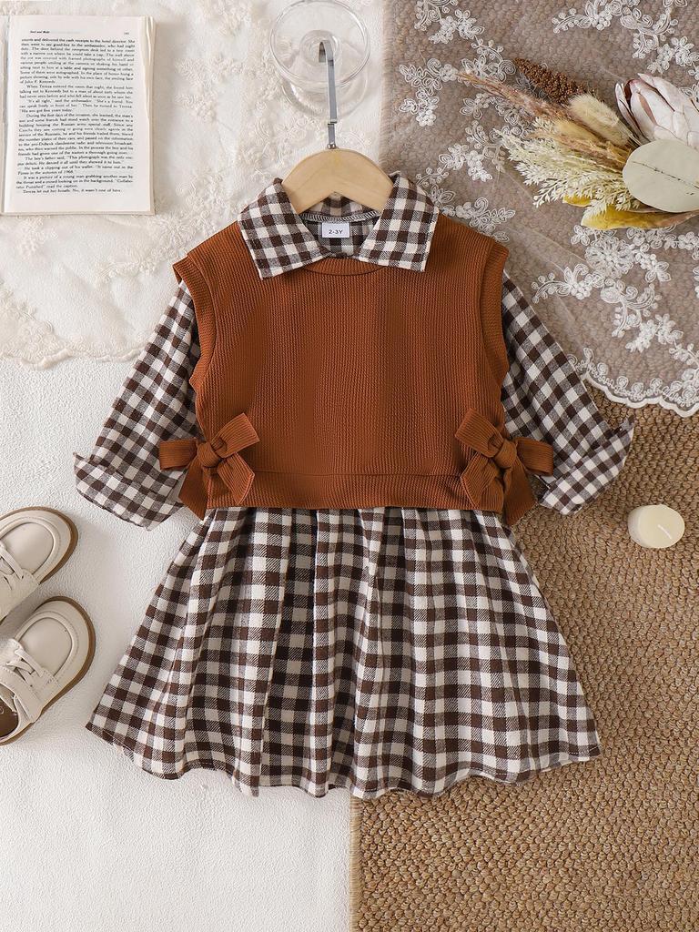 Mädchen Europäischer & Amerikanischer Stil Kleinkind Kaffee Weste + Kariertes Langarmkleid Set