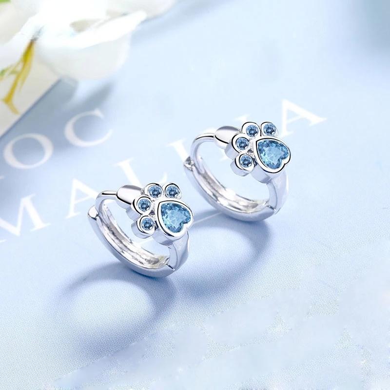 

Silver Color New Fashion Cute Cat Paw Stud Earrings for Women Creative Blue Zircon Party Jewelry Prevent Allergy