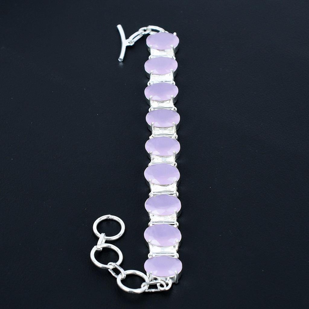 Dainty Pink Chalcedony Bracelet 925 Sterling Silver Bracelet Adjustable Chain Bracelet Handmade Boho Bracelet Chalcedony Gemstone Jewelry Wife Gifts