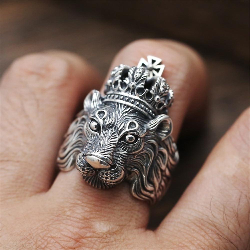 Retro Lion Crown Ring For Men Silver Color Punk Gothic Adjustable Ring Handmade Rock Hiphop Biker Accessories Man Gift