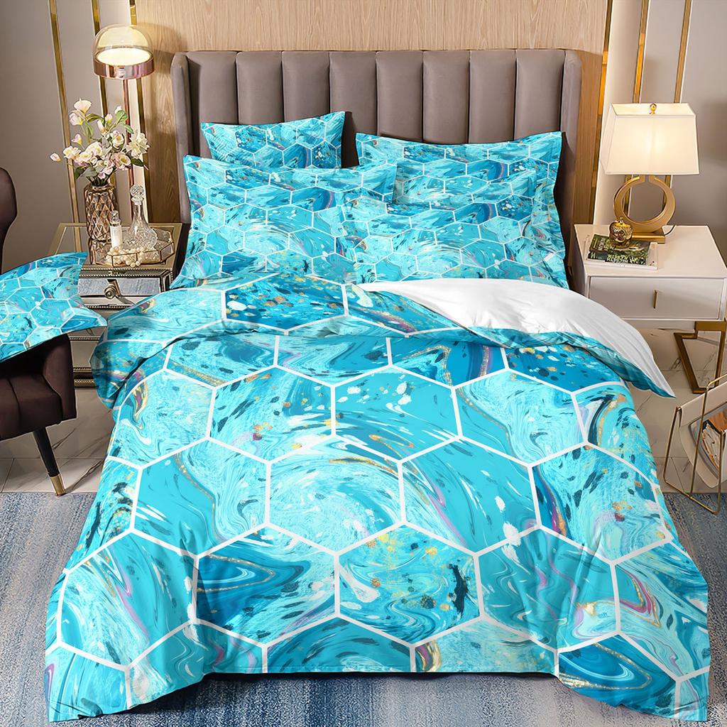 3D Digital Printing Light Luxury Geometric Honeycomb Stone Pattern Bedding Quilt Cover Three-Piece Set