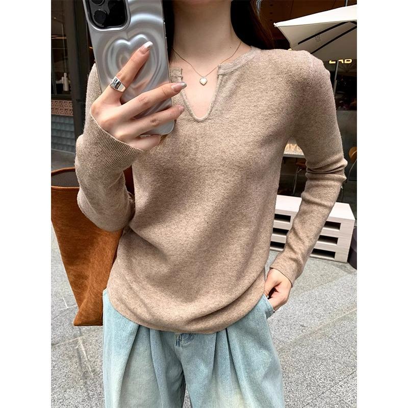 Soft Waxy Pullover Long-sleeved Sweater for Women Solid Color High-end Loose Lazy Style Autumn and Winter New Style Bottoming Top