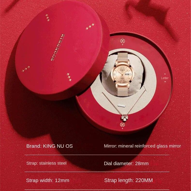 KINGNUOS Quarzuhr Nicht-mechanische Damenuhr Leuchtende wasserdichte Doppelkalender-weibliche Stahlband-Armbanduhr