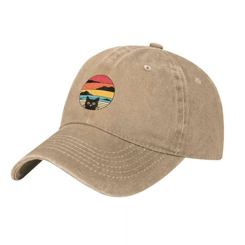 Vintage Sunset Cat Logo Washed Canvas Baseball Cap Classic Retro Design Comfortable Adjustable Fit Unisex Streetwear Style Hat