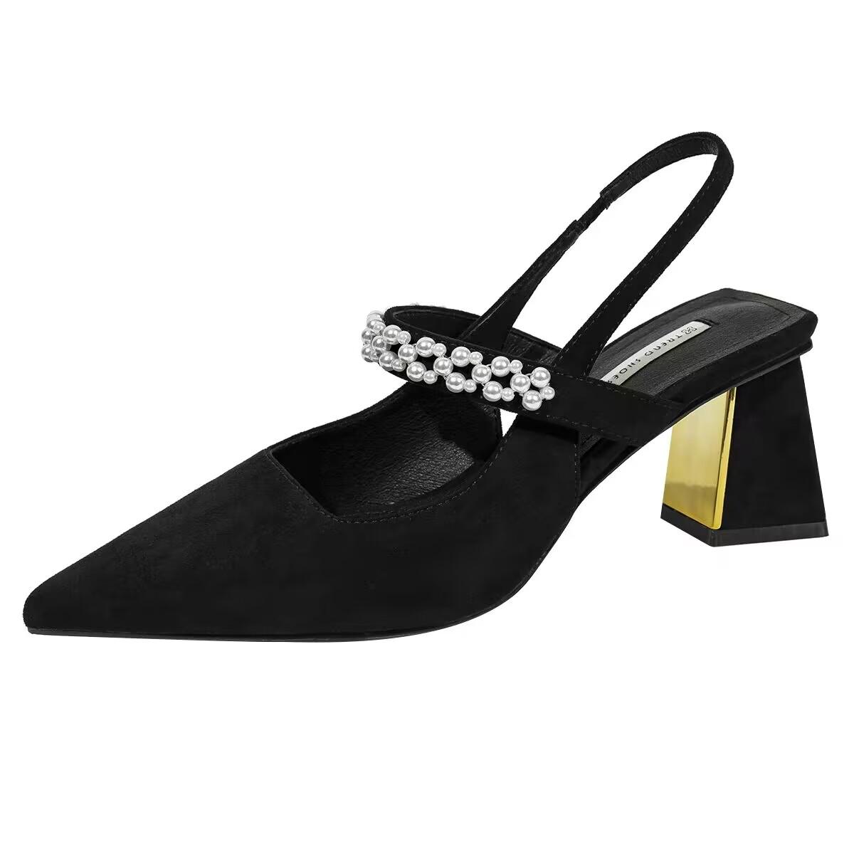 

Черные женские босоножки на среднем каблуке, летние женские туфли с блестящими хрустальными ремешками и острым носком, туфли-лодочки с открытой пяткой, женская обувь 40