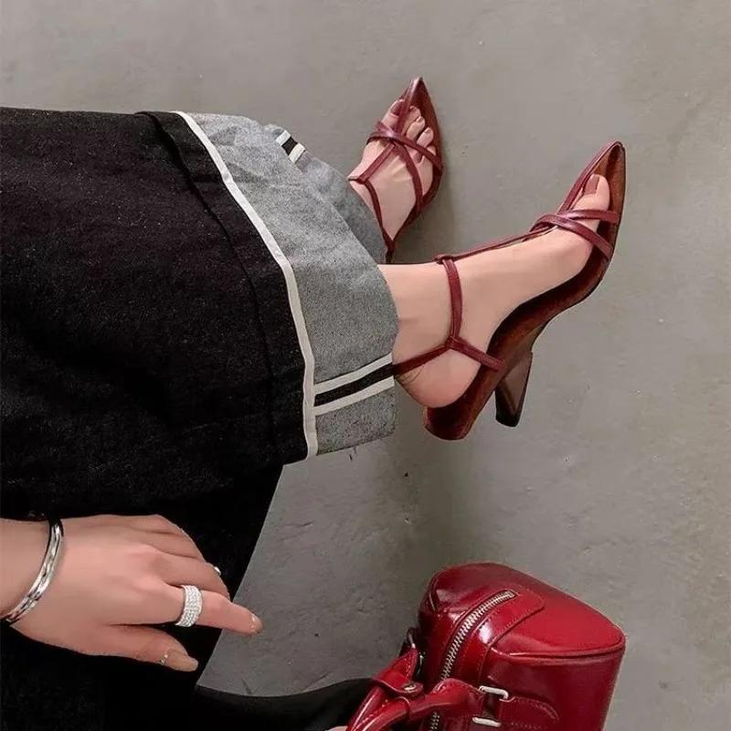 Fashion 2025 New Women's High-heeled Sandals Summer High-heeled Shoes Luxury Cowhide Strap Slingback Feminine Wedding Sandals