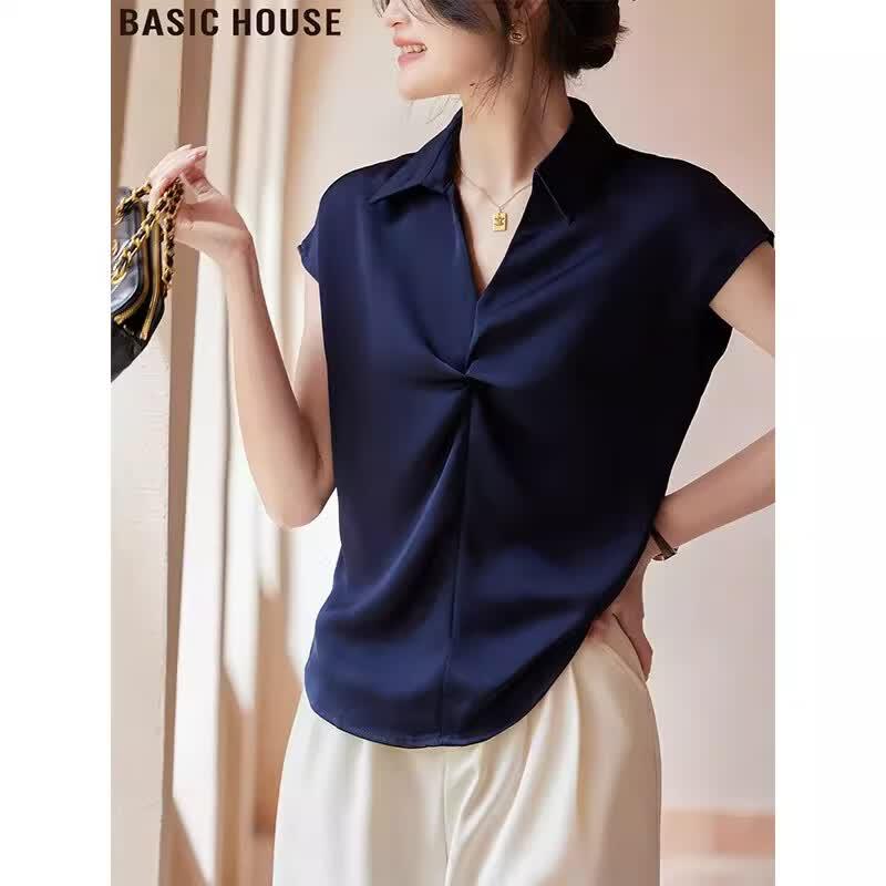 Basic House Women's V-Neck Knot Satin Blouse