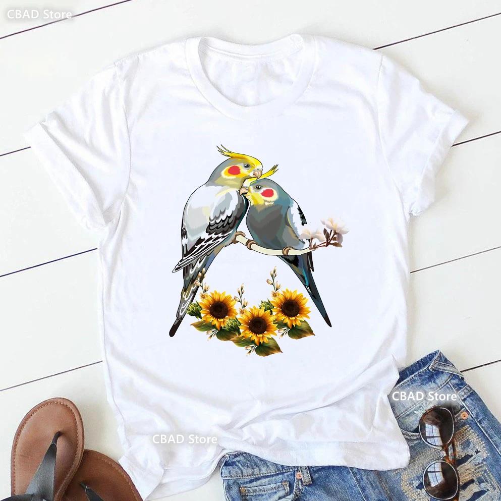 Cute Cockatielsparrot Bird Lovers Print T Shirt Girls Sunflower Flowers Tshirt Unisex Harajuku Kawaii Clothes Summer Tops Tee