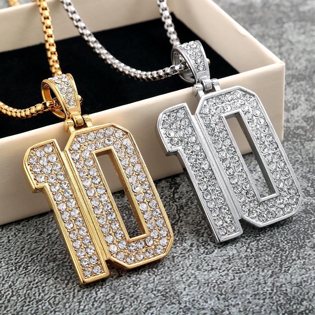 European & American Unisex Stainless Steel Pendant Necklace with Diamond Inlaid Number Design