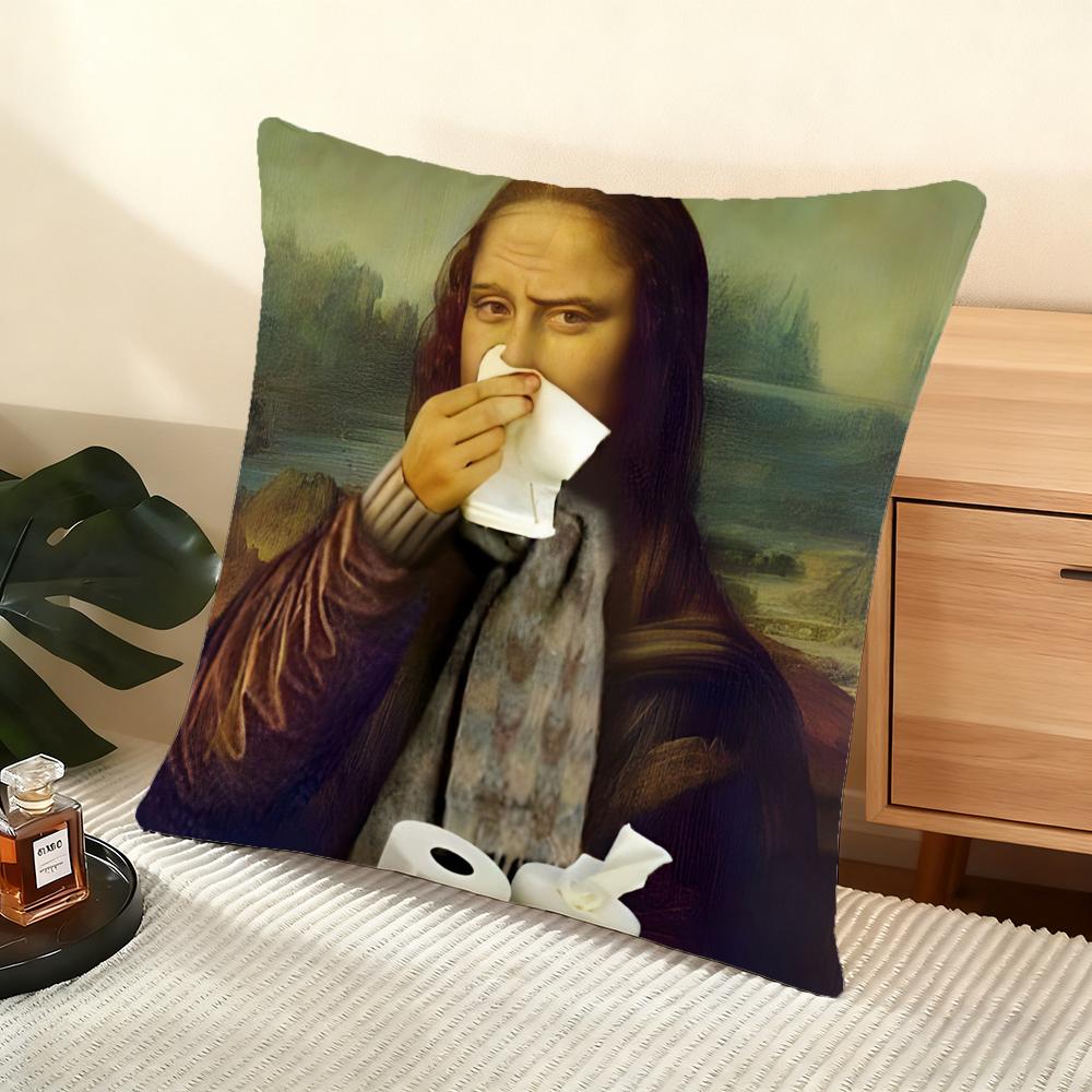 Mona Lisa Wearing Pearls Girl Cushion Cover Soft Short Plush Pillow Cover Smooth Cozy Texture Aesthetic Cushion Case Home Decor