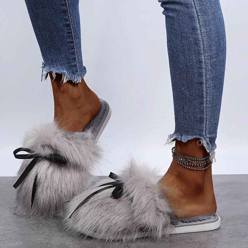 Sweet Bowknot Mix Color Faux Fur Slides Women 2025 Autumn Warm Short Plush Outdoor Slippers Soft Sole Cotton Mules Slippers