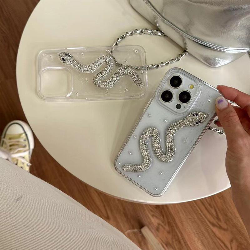 Epoxy Three-dimensional Rhinestone Snake Mobile Phone Case for Apple 17Promax Transparent for IPhone13Pro Flash Diamond 16