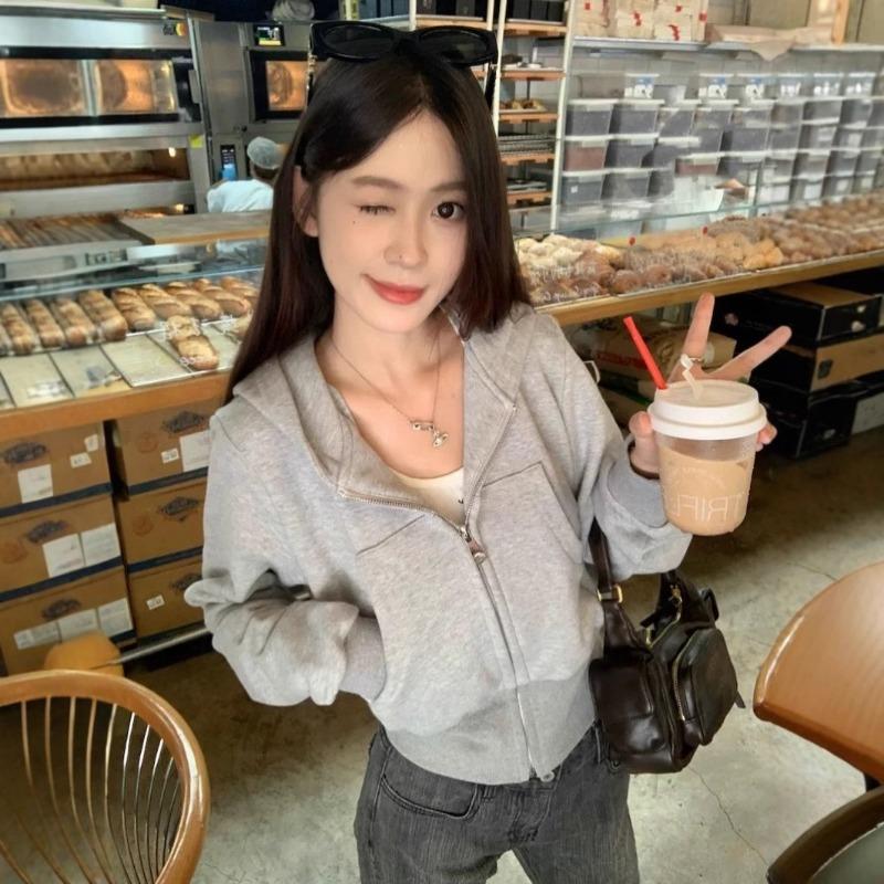Women S Gray Short Hooded Zip Up Sweatshirt Jacket Casual Style