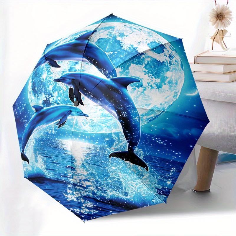 Dolphins Moonlight Theme 8 Bone Hand Automatic Folding Fashion Umbrella, Compact and Portable Design, A Perfect Gift for Birthday, Christmas