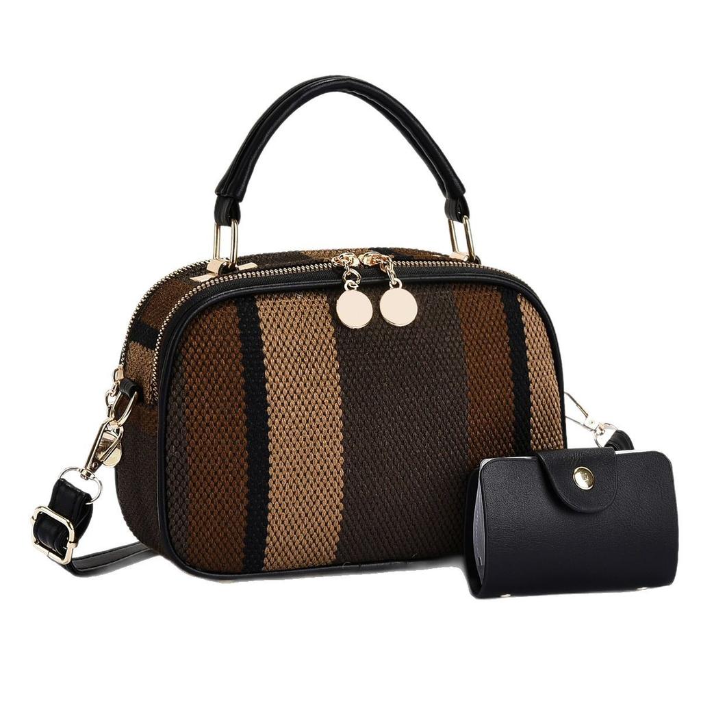 New Design High-value Canvas Smooth Color-blocking Mother-child Bag Multi-layer Trendy Style Handbag Versatile One-shoulder Crossbody Bag