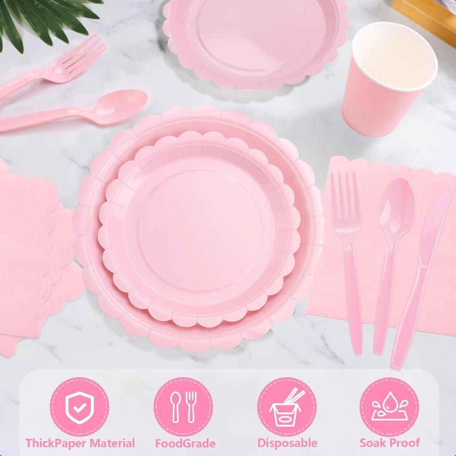 176 Pcs Pink Paper Plates and Napkins Light Pink Party Supplies Include Scalloped Paper Plates Napkins Cup Plastic Tablecloth S