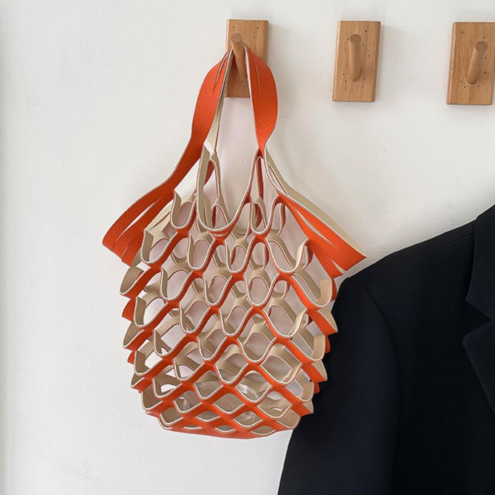 Foldable Leather Folding Tote Bag Large Capacity Woven Handbag Trendy Grocery Bag  Storage