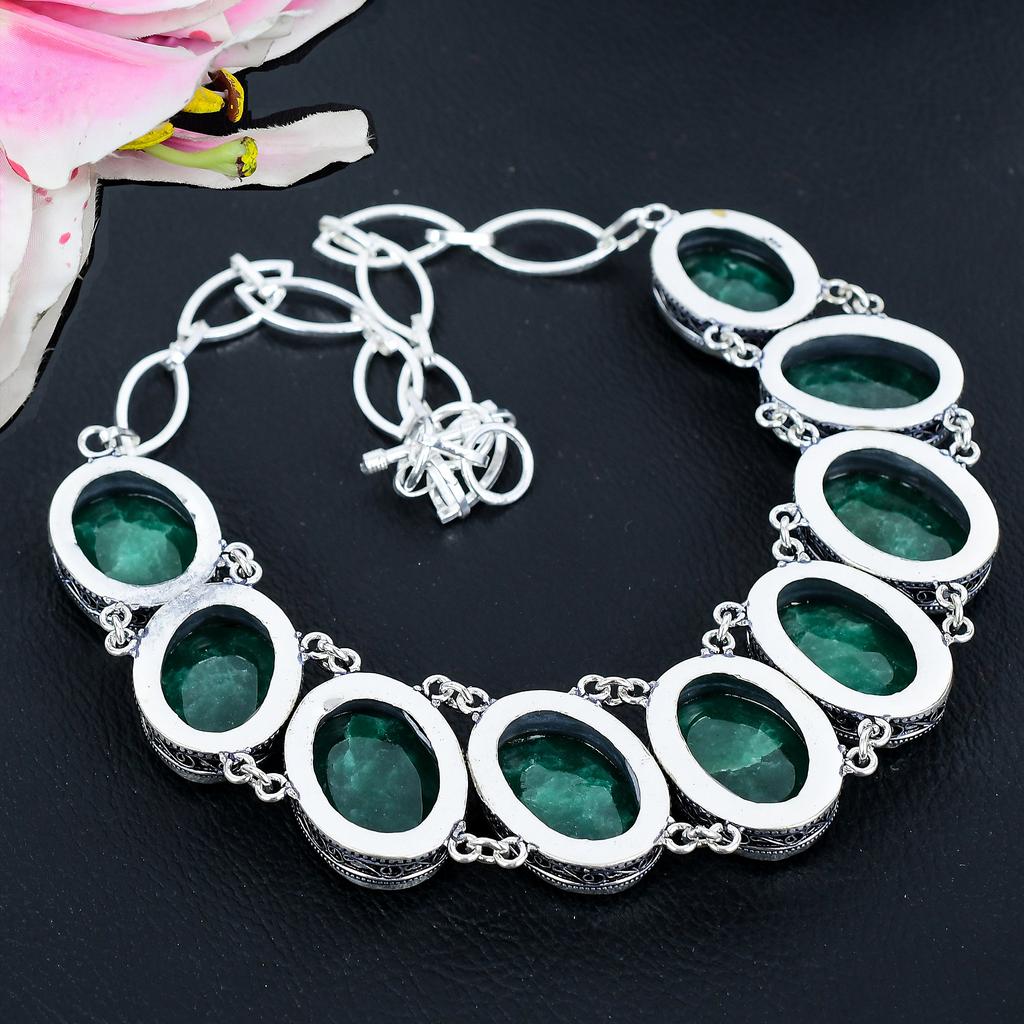 Green Jade Gemstone Handmade 925 Sterling Silver Jewelry Necklace 18" KG-1643