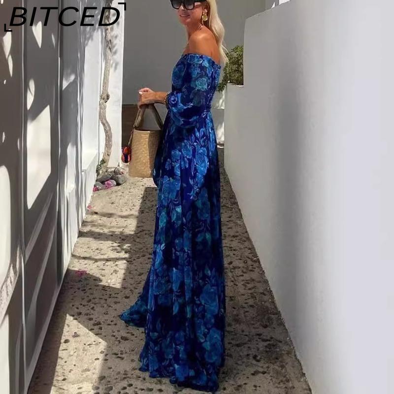 BITCED Women's Sexy Off-the-Shoulder Printed Full-Skirted Long Dress