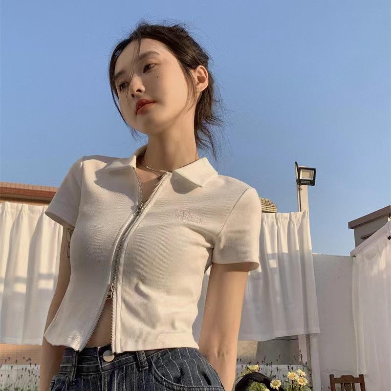 Women Zip Up Polo Cropped T-Shirt Short Sleeve Slim Y2K Crop Top Casual Streetwear Tee S-M-L-XL