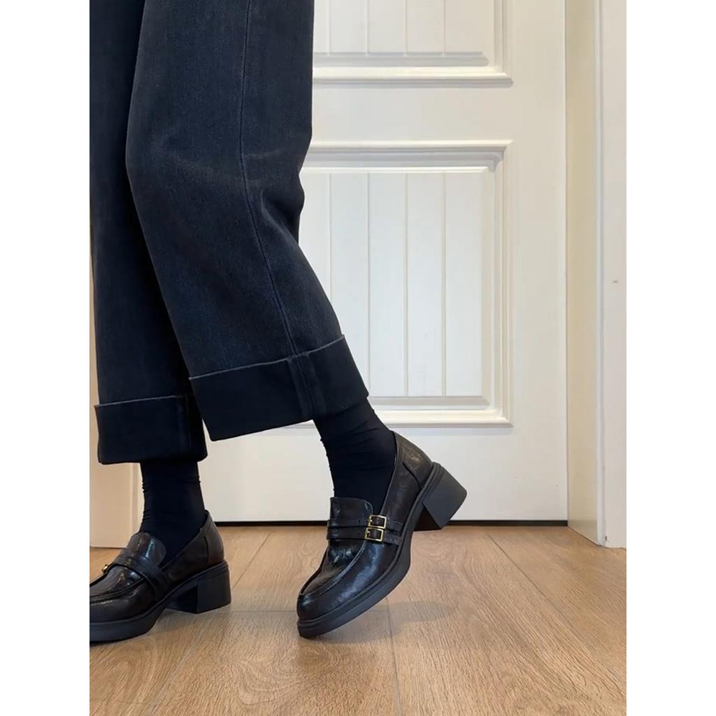 Women Platform Loafers Spring Autumn Slip on Vintage Chunky Leather Shoes Fashion Buckle Strap Height Increase Middle Heel Shoes