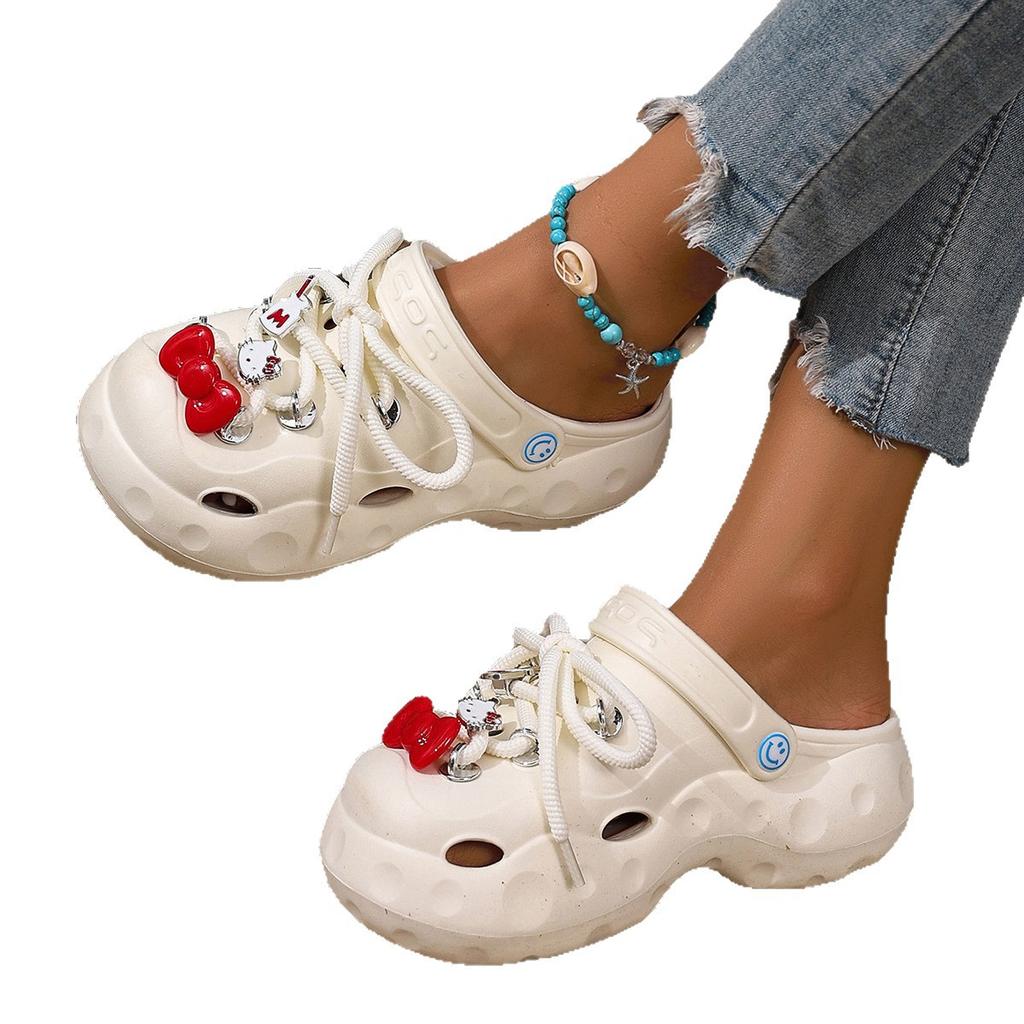 Fashion Cartoon Hole Shoes Women Wear Breathable and Non-smelly Feet Heightening Beach Sandals Thick-soled Non-slip Bag Head Slippers