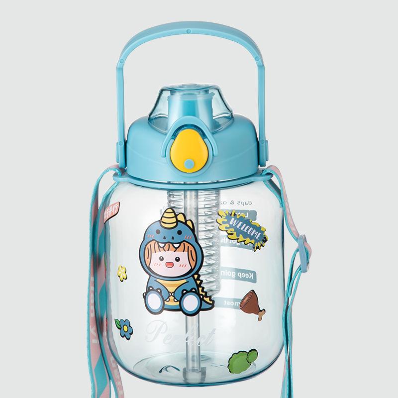Water bottle portable strap plastic water cup high value cartoon large capacity big belly cup household portable straw cup