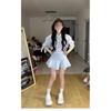 Blue striped shirt dress women's spring new lapel mid-sleeved waist shirt ruffle pleated skirt