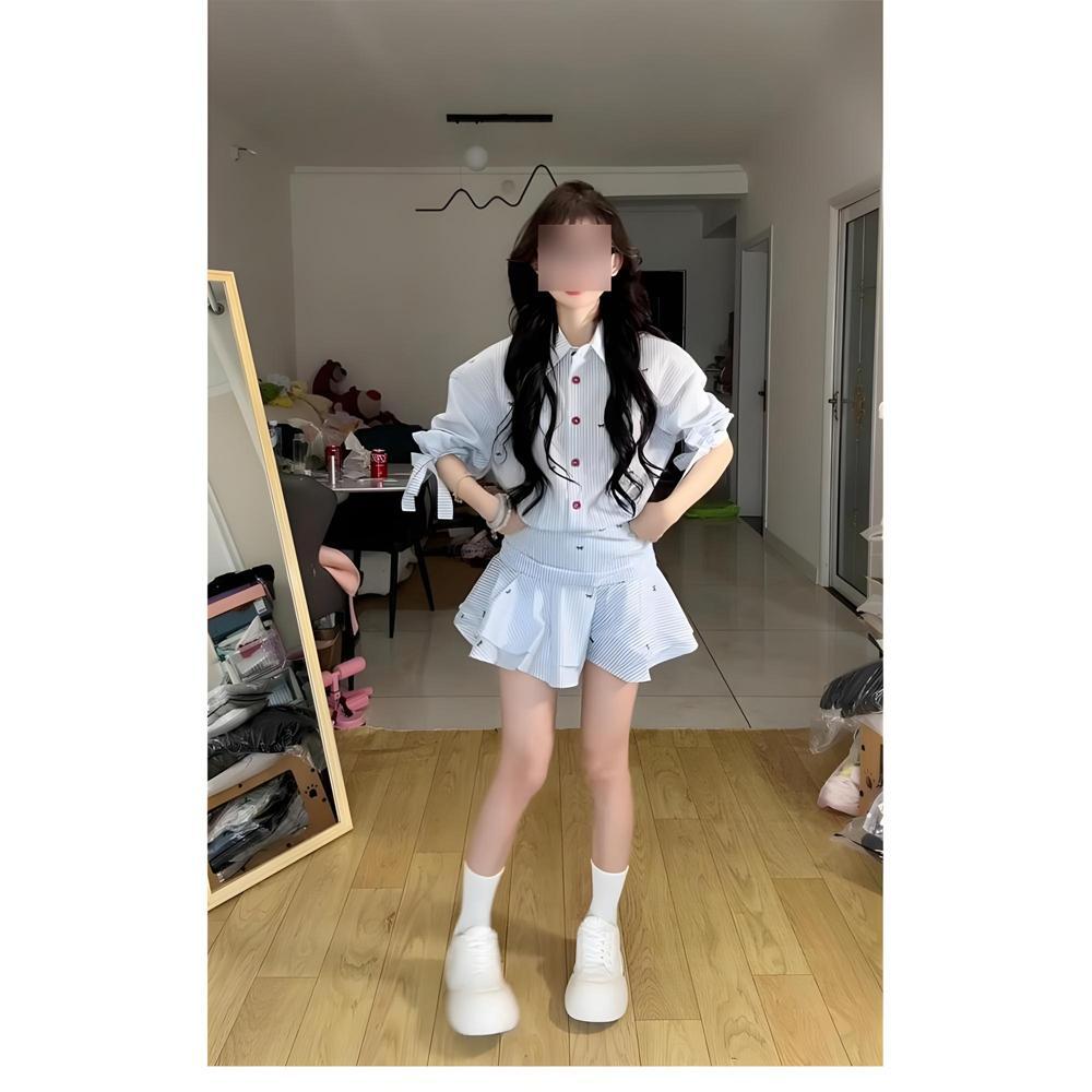 Blue striped shirt dress women's spring new lapel mid-sleeved waist shirt ruffle pleated skirt