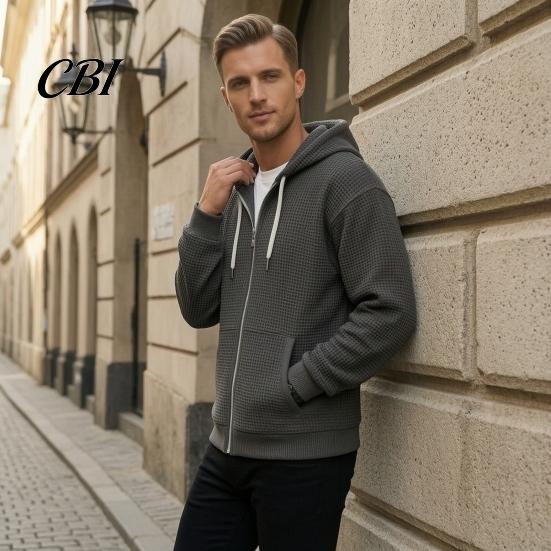 Fashionable Waffle Knit Hoodie Men's Hooded Jacket, Solid Zip Up with Adjustable Lightweight Athletic Outerwear Hood & Pockets, Long Sleeve