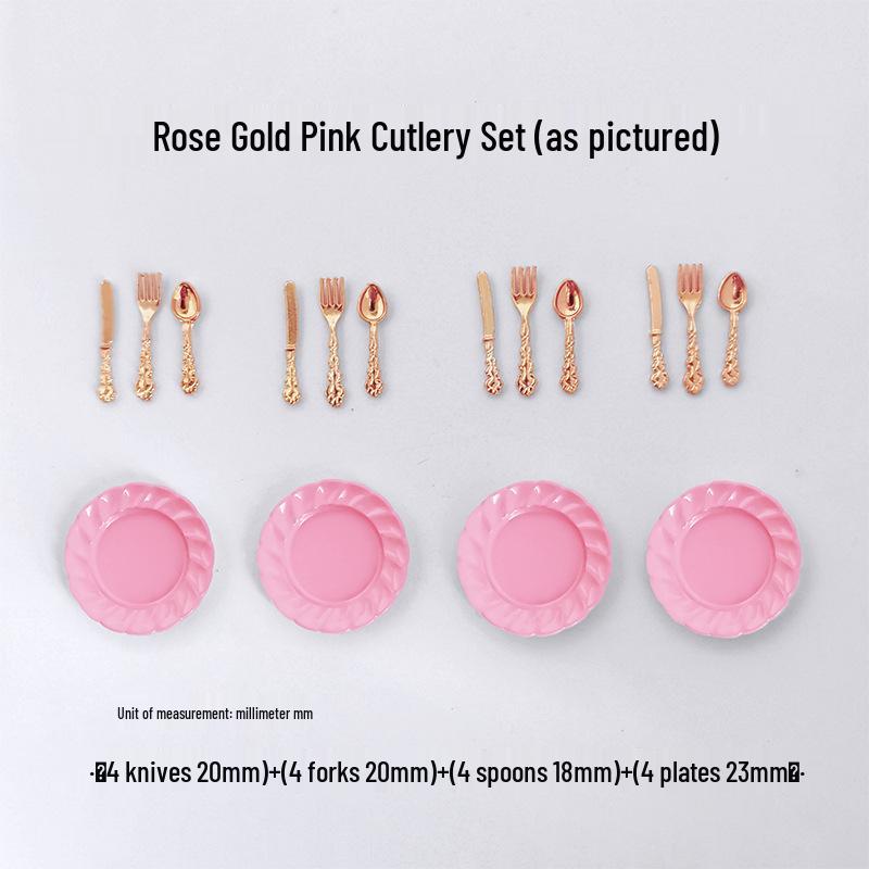 Miniature Dollhouse DIY Model Cake Set: Alloy Plate, Knife, Fork & Spoon Props
