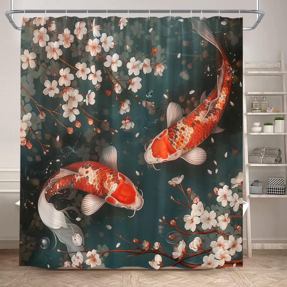 Pink Cherry Blossom Koi Fish Shower Curtains Watercolour Floral Lotus Leaves Carp Japanese Style Bathroom Curtain Set Home Decor