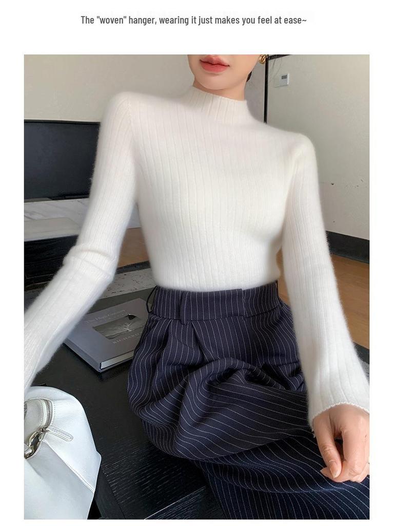 Premium Cashmere Rib-Knit Women's Slim-Fit Warm Sweater - Semi-High Neck, Thickened for Autumn & Winter.