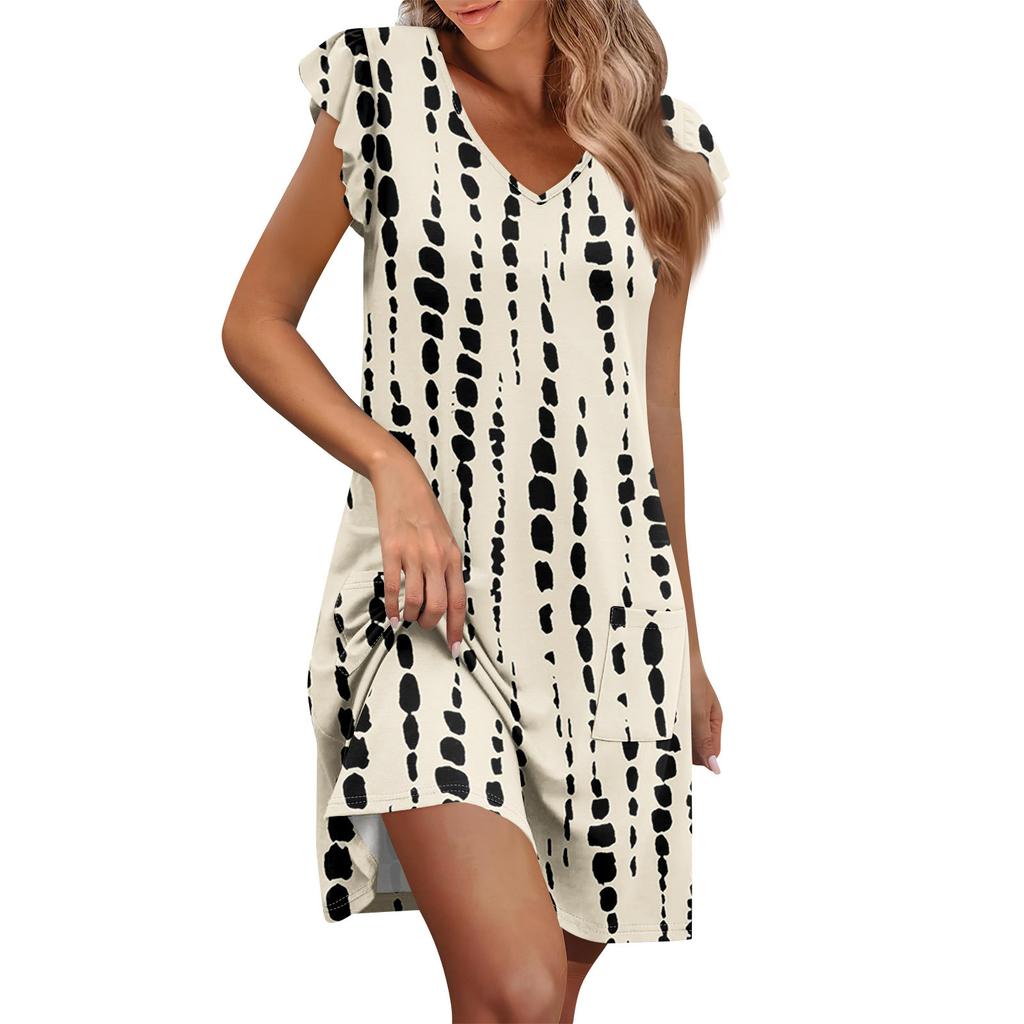 Womens Summer Dress Ruffle Sleeve V Neck Short Dresses Fashion Casual Flowy A Line Swing Sundress With Pocket