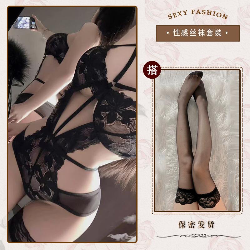 Hollow and thin sexy underwear sexy onesie temptation strap perspective lace free purple n