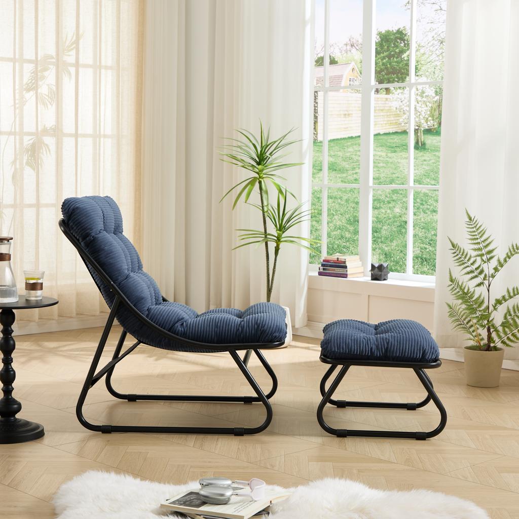 Patio Outdoor Lounge Chair with Ottoman, Comfy Sling Recliner Chair with Puffy Cushion and Foot Stool, Black Frame with Navy Blue Cushion