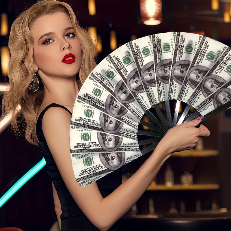 Large Folding Hand Tear Fan (Dollar Pattern) - Music Festival Fan, Dance Fan, Gift & Unique Decorative Fan