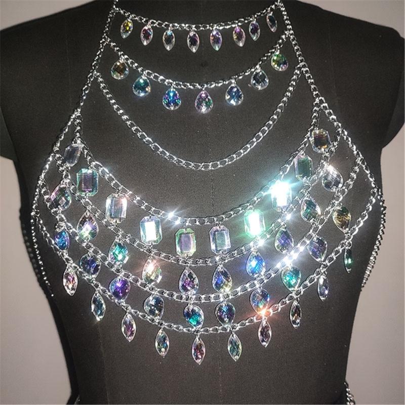 Rhinestones Body Chains Beach Bikini Bra Top Crystal Chest Chains Wasit Body Jewelry Accessories for Women Girls Gifts
