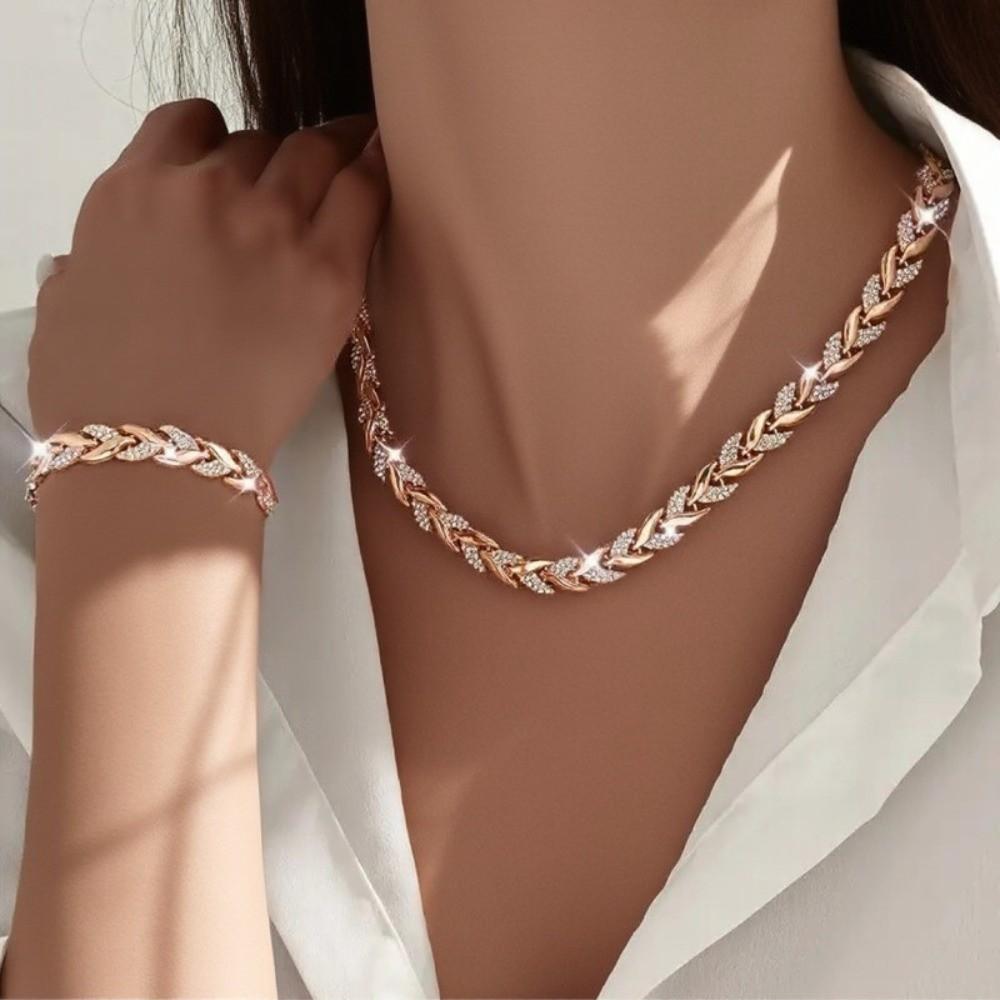 

Gifts 2Pcs/Set Fishtail Diamond Jewelry Set Adjustable Fashion Length Bracelet Set Rhinestone Inlaid Leaves Shape рожевий колір золота