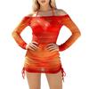 Women Mesh Long Sleeve Cover Up Bikini Set Three Piece Includes Sheer Off Shoulder Dress and Two Piece Swimsuit for Beach Pool Vacation