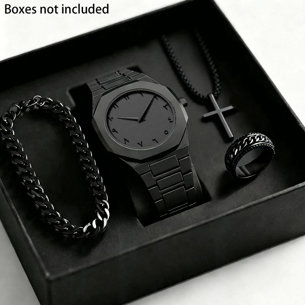 Temu Stylish Black Quartz Watch & Jewelry Gift Set: Watch, Bracelet, Ring, Necklace