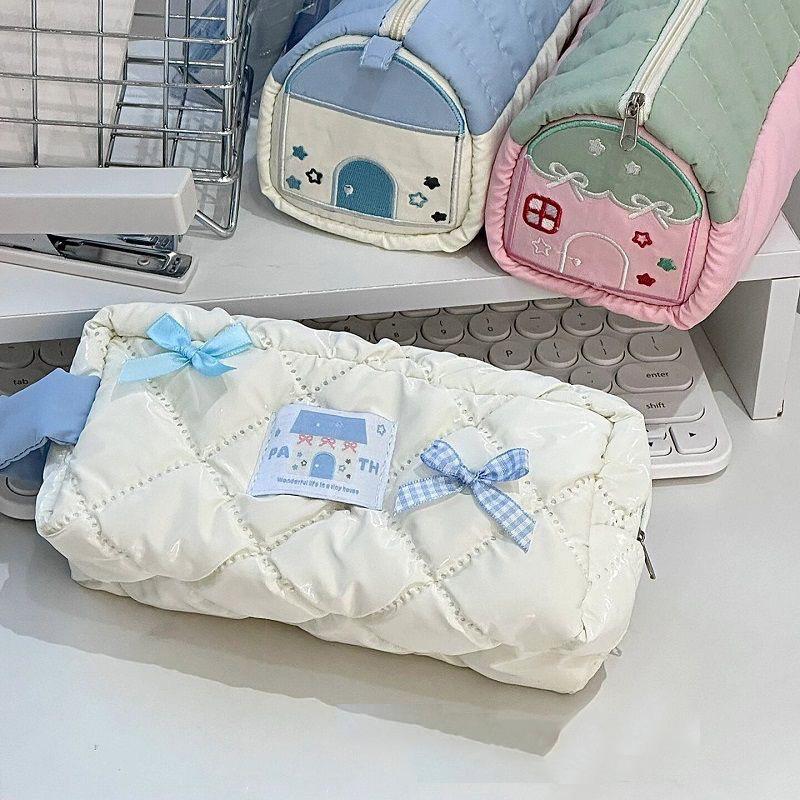 Blue Bow Zipper Pen Storage Bag Women'S Large Capacity Stationery Storage Pencil Case Student Office School Supplies