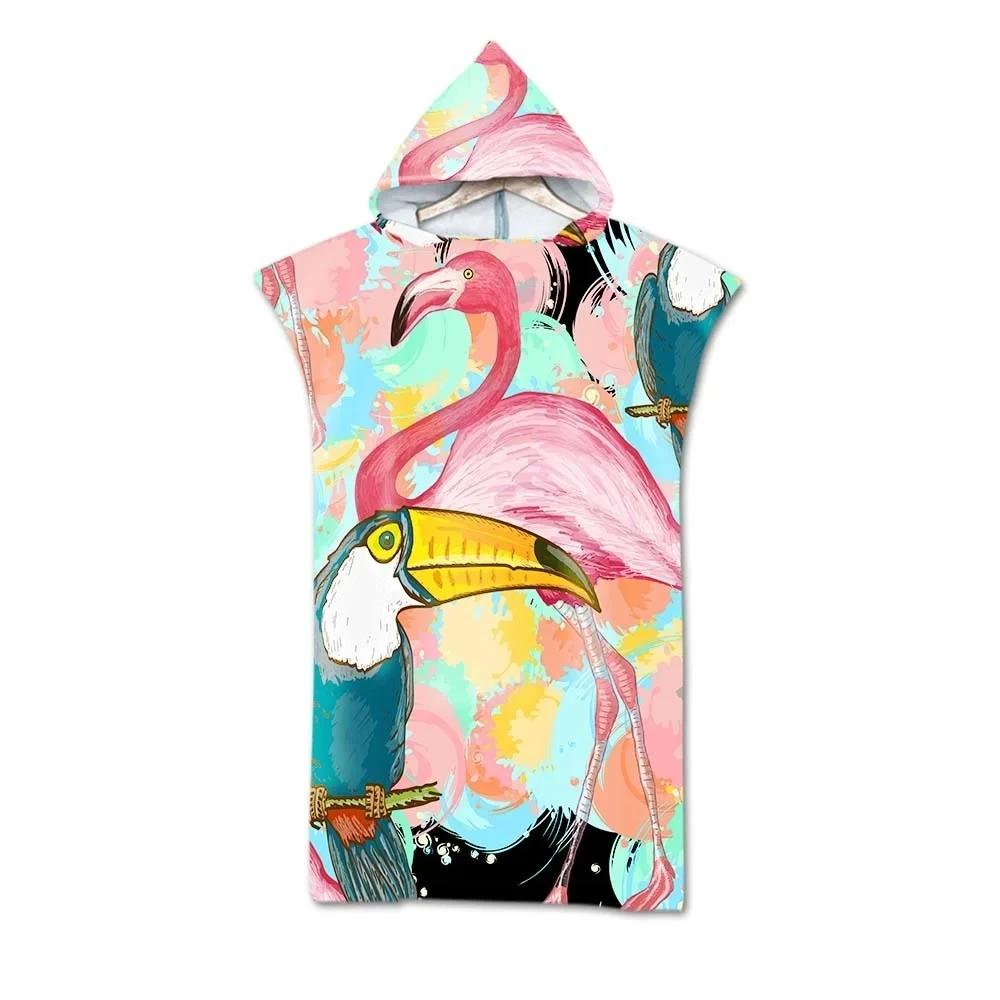Microfiber Hooded Beach Towel For Adults Fashion Swimming Pool Bath Towel With Cloak Tropic Plant Flamingo Printed Bathrobe