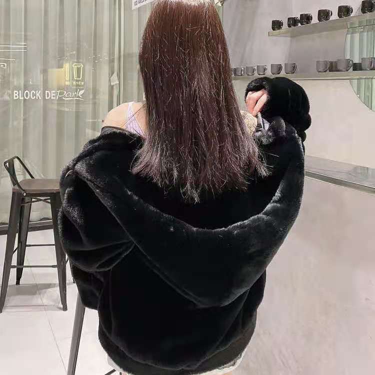 Winter New Imitation Rex Rabbit Fur Thickened Plush Coat Female Cute Ears Hooded Milk Huhu Age Reduction