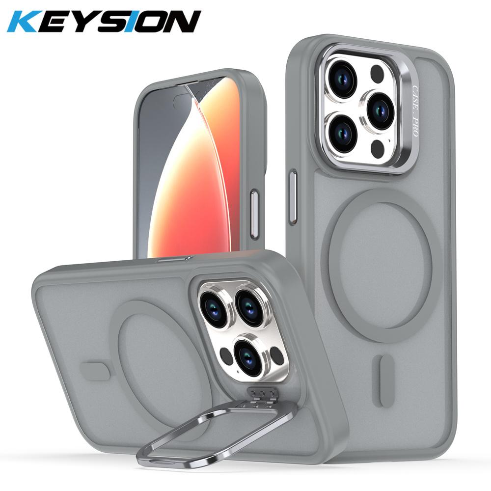 KEYSION Lens Stand Magnetic Phone Case for MagSafe for iPhone 13 14 15 Pro Max 15 Plus Matte Translucent Shockproof Back Cover