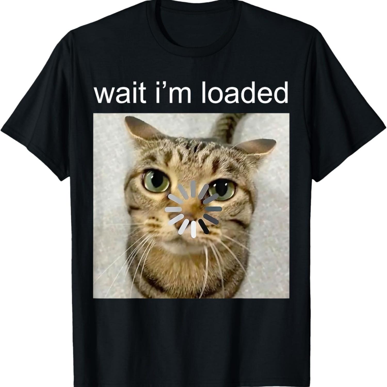 Смешной Кот - Подождите, я Заряжен - Глупый Взирающий Кот Мем Футболка для Мужчин Женщин Детей S чёрный